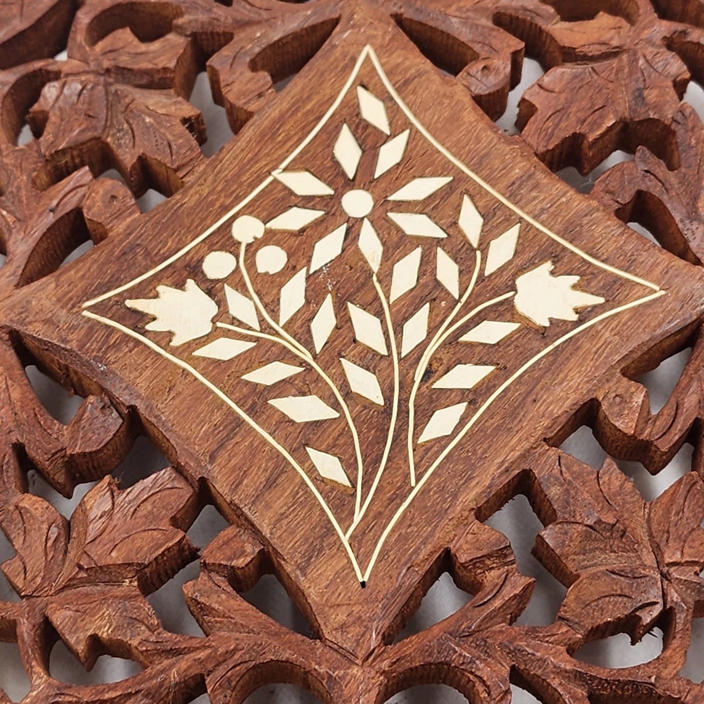 Hand Carved Wood Trivet 8" Square Gold Inlay Floral Design Vented Feet India Vtg