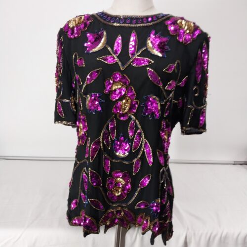 Steney Silk Top Black Pink Sequin Floral Leaf Short Sleeve Zipper Closure Large