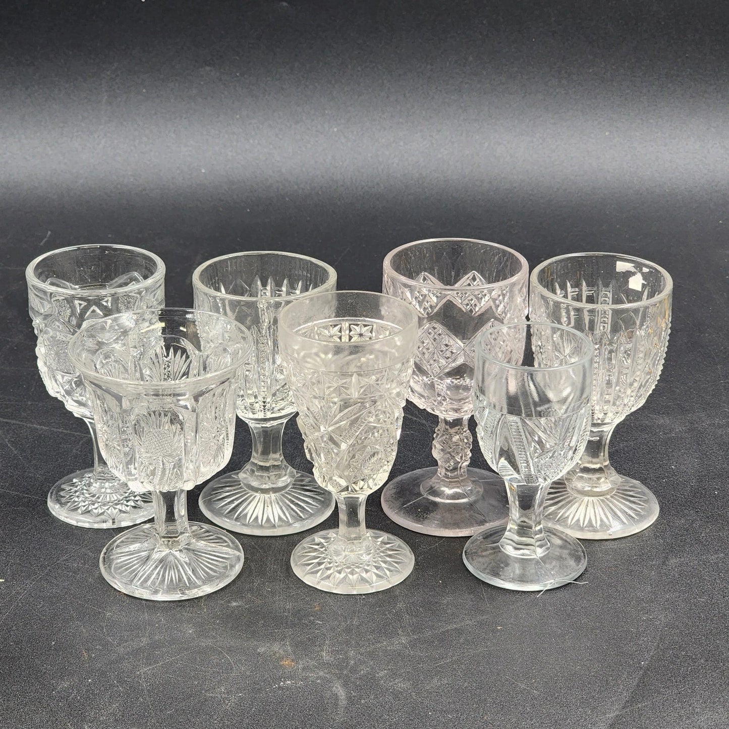 7 Cordial Shot Glasses Clear Pedestal Early American Pattern Glass Assorted 4"