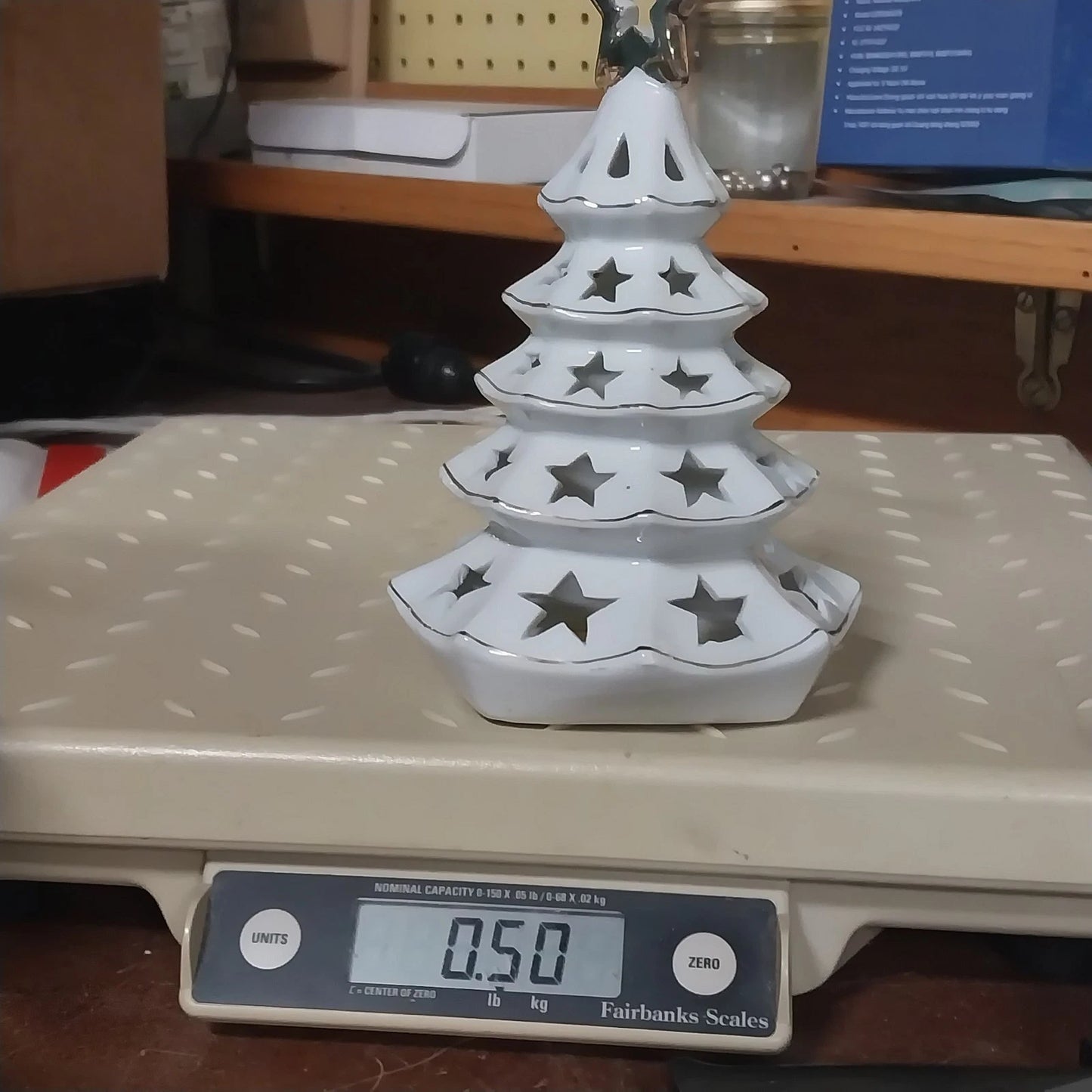 White Ceramic Christmas Tree Tea Light Holder Gold Star Cutouts 6.5" Holiday