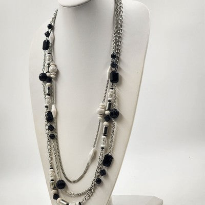 Silver Tone Chains w Black White & Silver Tone Beads Three Strand Necklace 17"