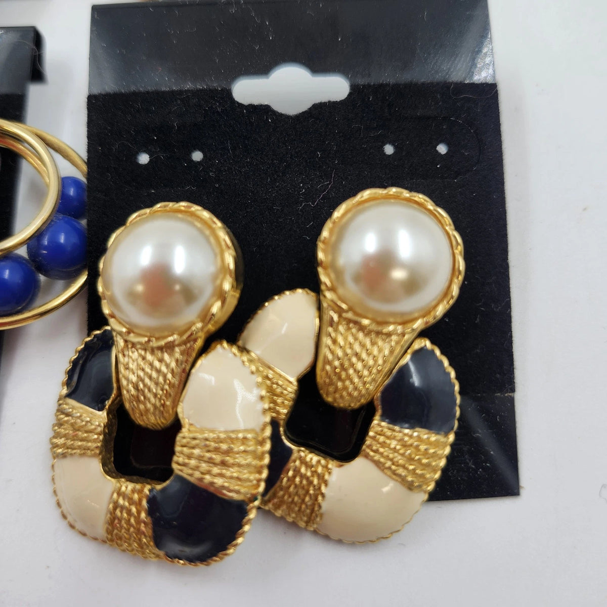 Catherines Earrings Lot 4 Pair Gold Tone Blue Black Beaded Dangle Vintage