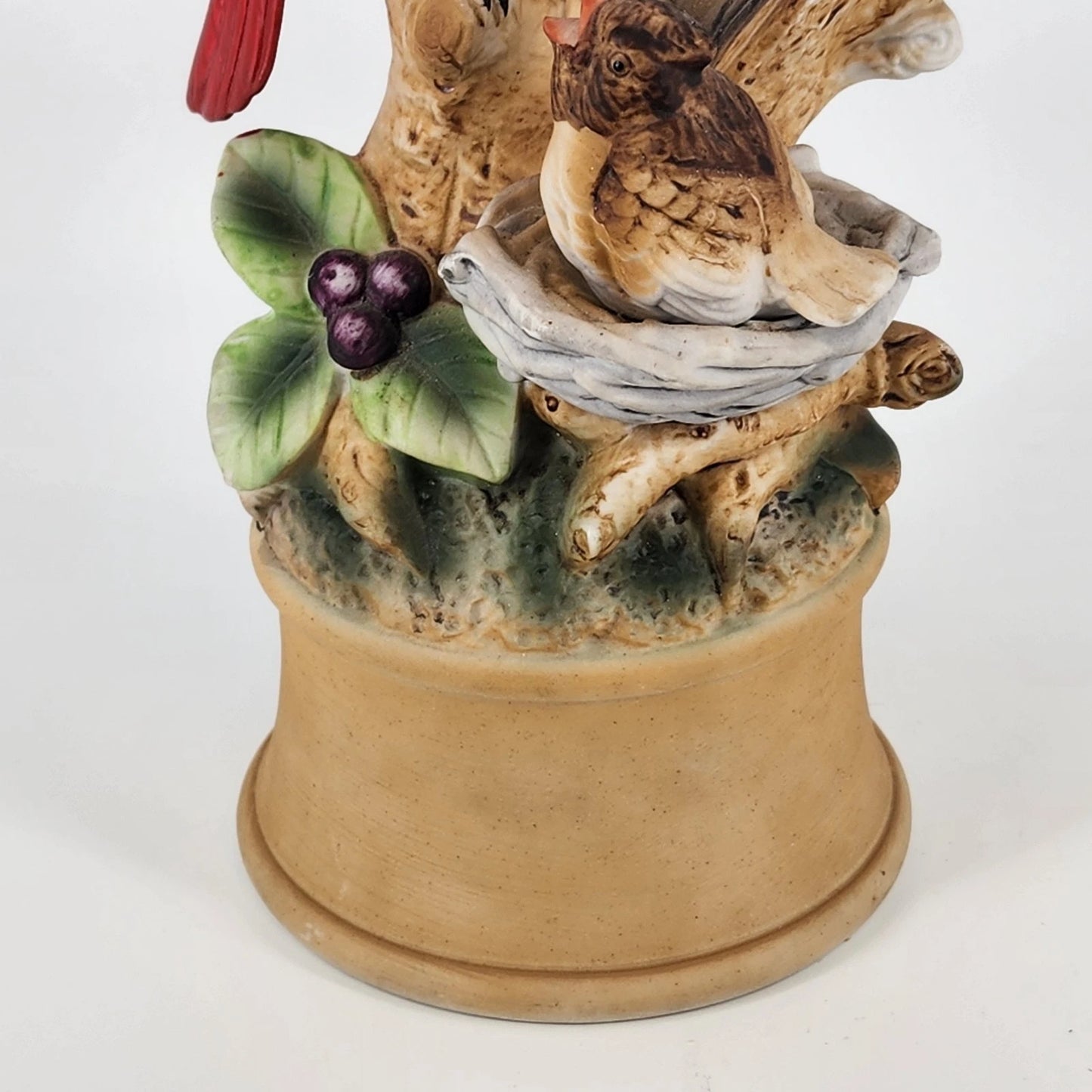 Cardinal & Baby Bird Music Box Figurine Red Bird Family Tree Stump Ceramic 8"