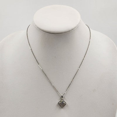 Silver Tone Chain with Pave Rhinestone Clover Shaped Pendant Long Necklace 9.5"