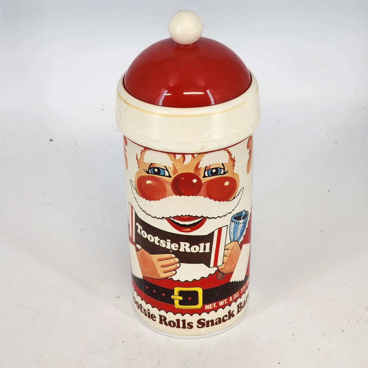 Tootsie Roll Santa Candy Container Jar Plastic Cardboard 1980s Holiday Vintage