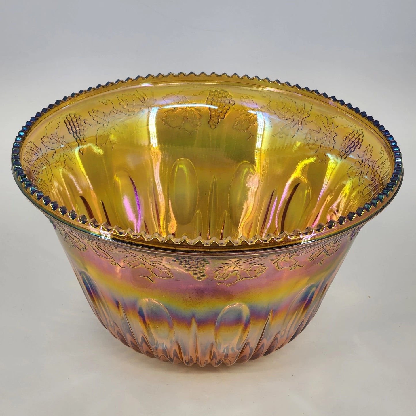 Indiana Carnival Glass Punch Bowl 7 Qt Iridescent Amber Gold Harvest Grape 12"d