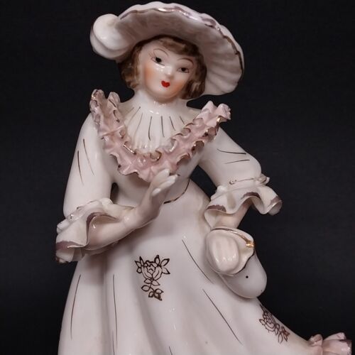 Victorian Lady Figurine Shafford Porcelain 2062 Japan White Pink & Gold Trim Vtg