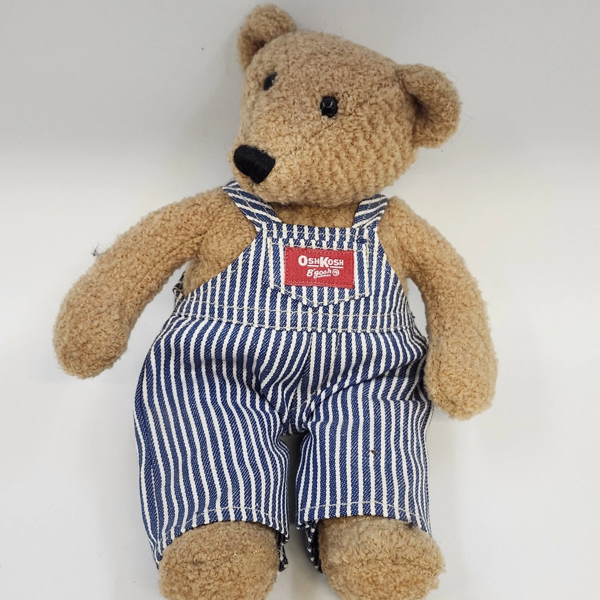 OshKosh B'gosh Teddy Bear Stuffed Plush Hickory Stripe Overalls 12" Vintage 1987
