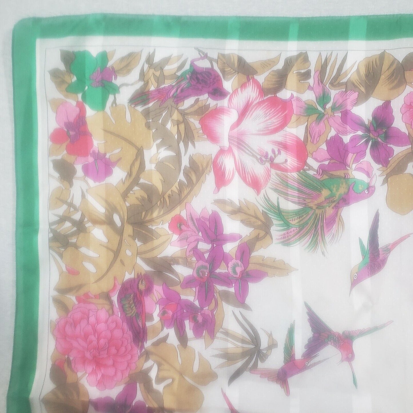 Head Scarf Polyester Green Purple Hummingbird Floral Print 31" Bandana Italy