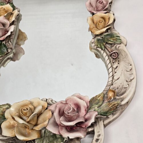 Large Capodimonte Porcelain Mirror Dresser Vanity Tray Roses Hour Glass Shape