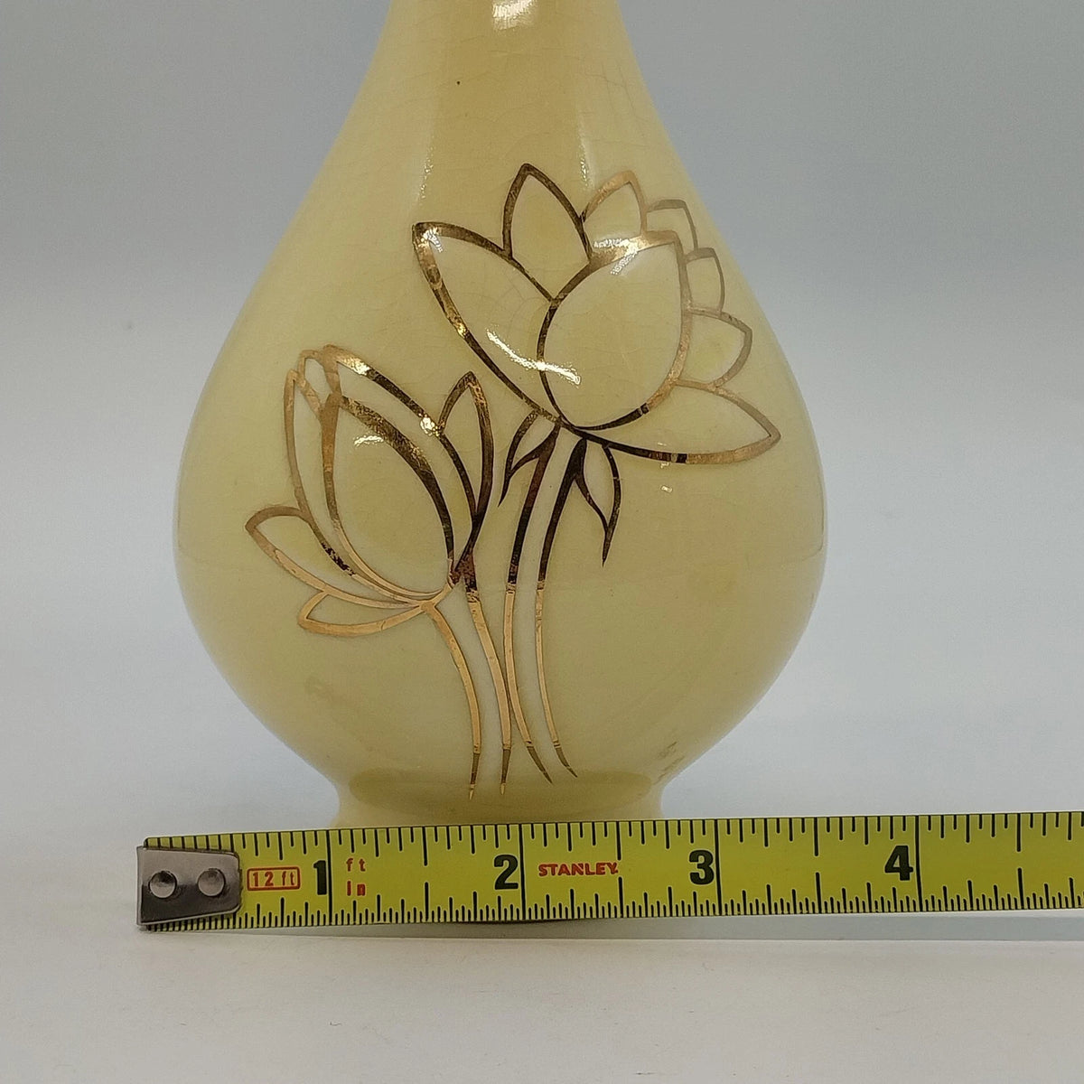 Golden Ware Bud Vase 22K Gold Lotus Floral Yellow Ceramic 9" Vtg Fluted Crazed