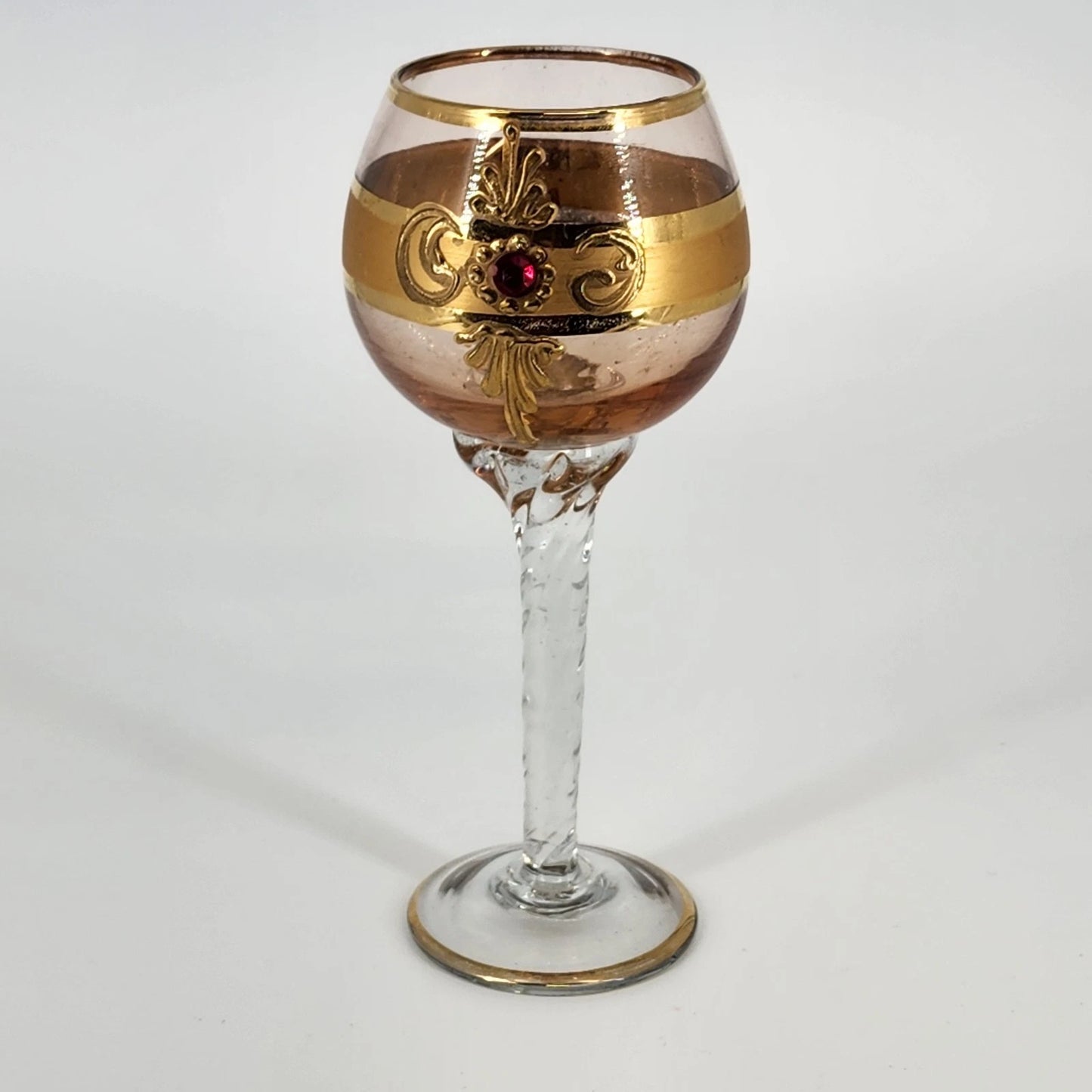 Tre Fuochi Glass Wine Goblet Murano Style Hand Blown Gold Enamel Ruby Red Jewel