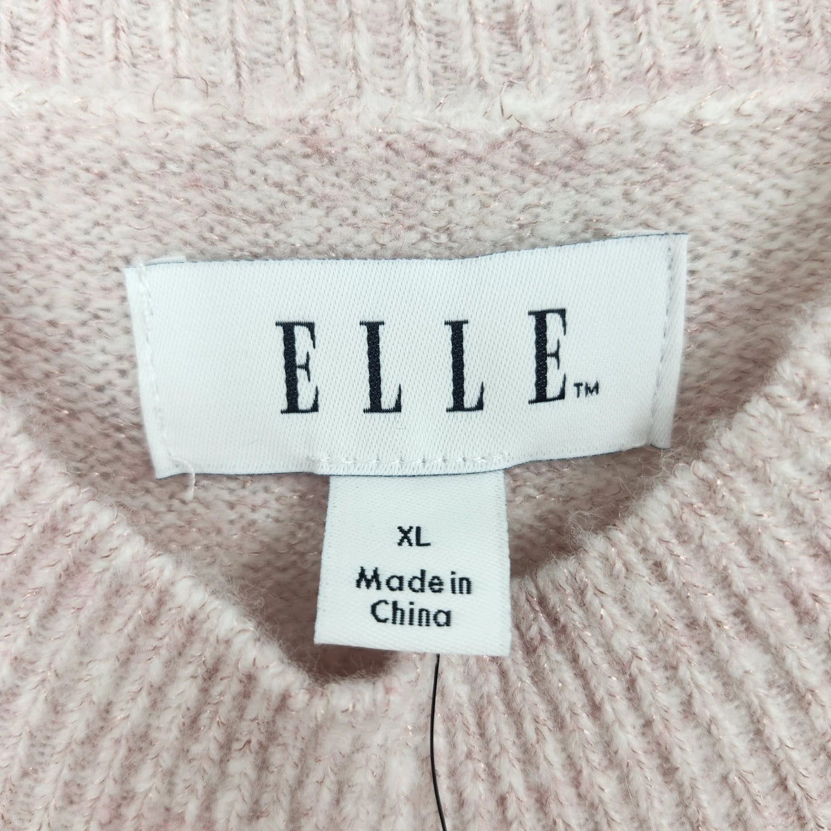 ELLE Women's XL Pink Metallic Knit Sweater Rhinestone Floral Crew Neck
