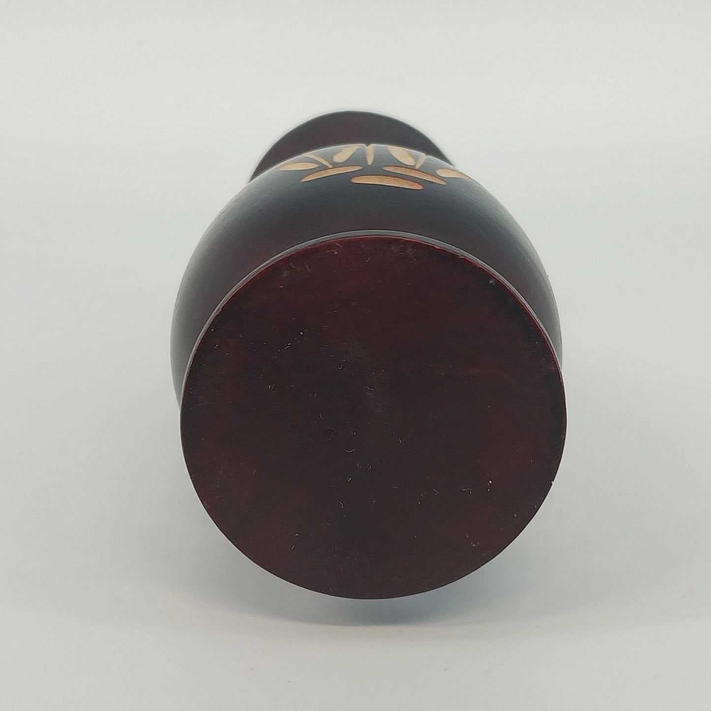 Turned Wood Vase Inset Botanical Floral Pattern Dark Brown 8" Vintage