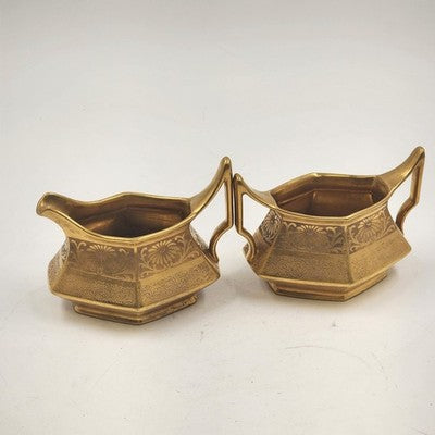 Antique T&V Limoges France Sugar Bowl & Creamer Set – Hand-Painted Porcelain with Gold Floral Design, Signed French Tableware