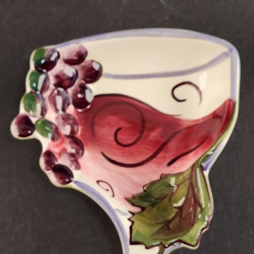 Clay Art Brand Wine Glass Shape Snack Nut Dish Painted Wine and Grapes Spoonrest