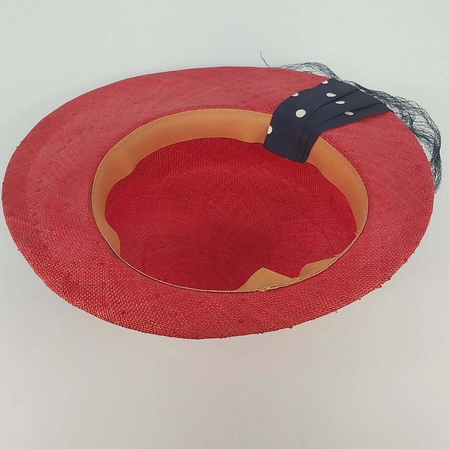 Women's Red Derby Dress Hat Wide Brim Polka Dot Bow Mesh Trim Vintage 11"