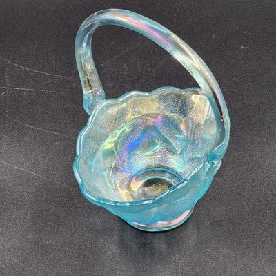 LE Smith Aqua Blue Stippled Glass Basket 6"w x 8.5" Applied Loose Handle AS IS