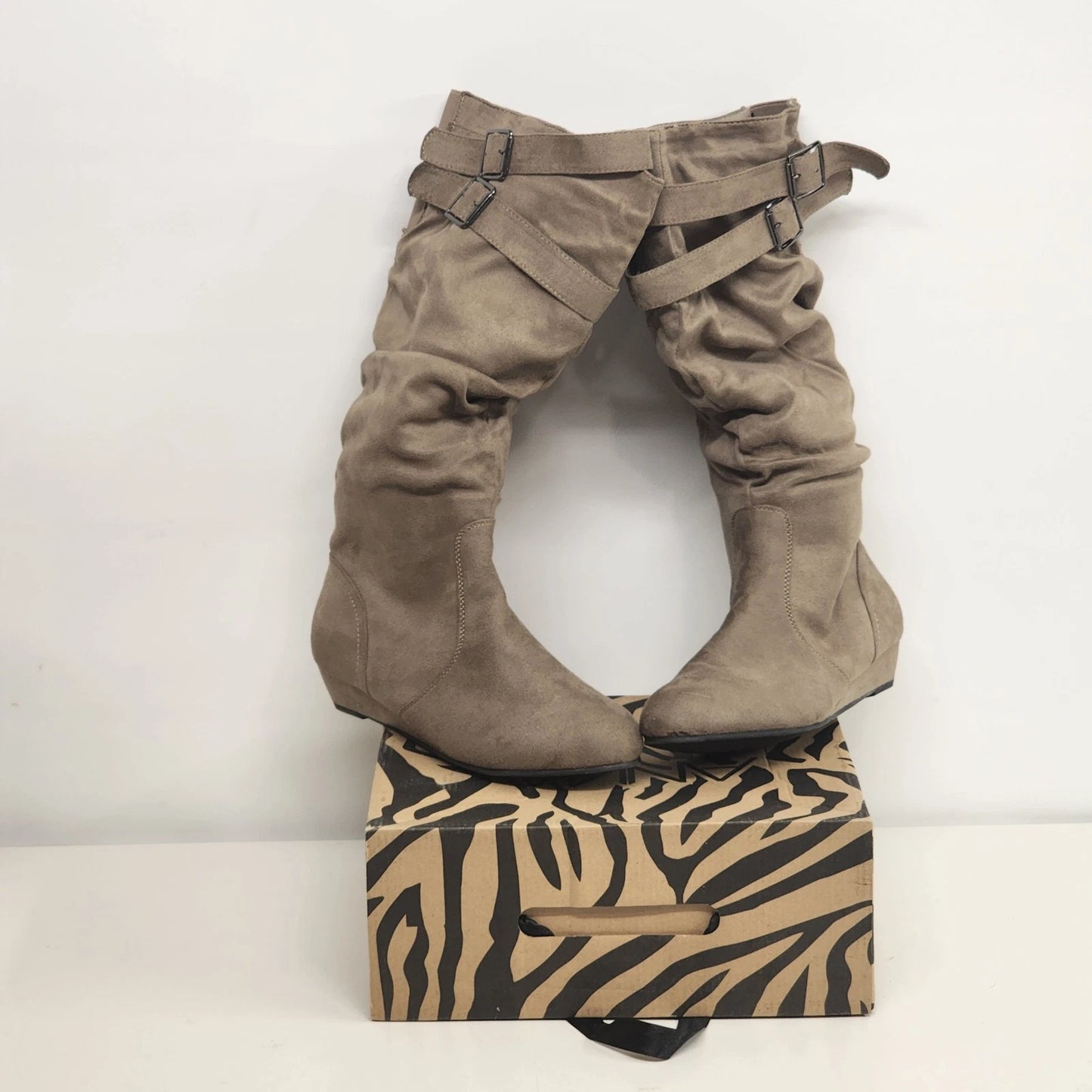 Anna Taupe Boots Slouch Faux Suede Knee High Women 8.5 Wedge Heel NWT Zip Buckle