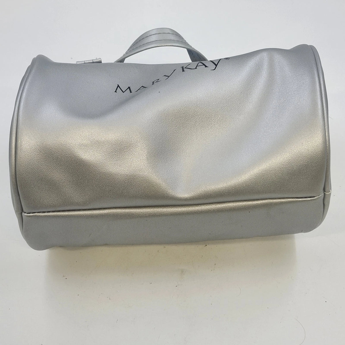 Mary Kay Silver Metallic Cylindrical Cosmetic Makeup Bag 8.5" Travel Case Zipper