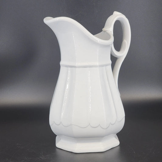 Henrywood White Ironstone Water Pitcher 1800s Paneled England Pottery 12" Antiq