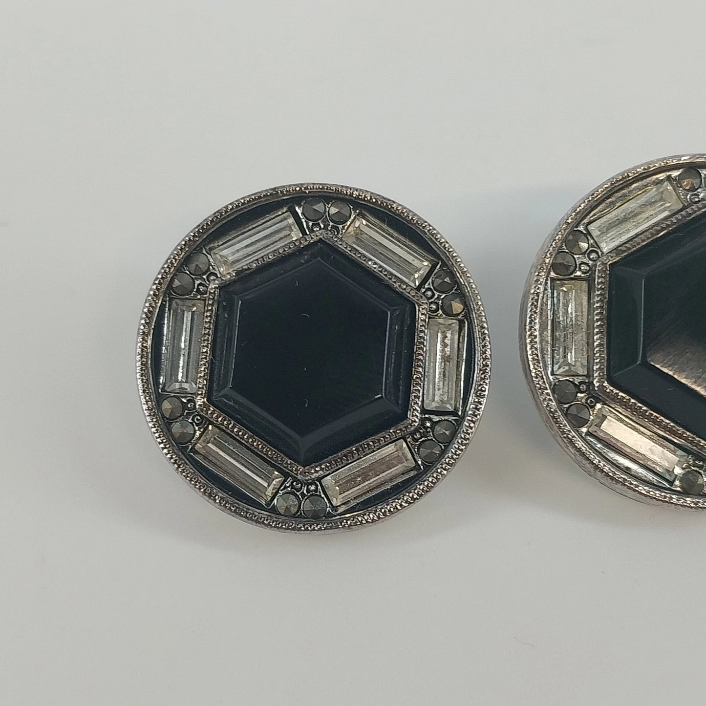 Vintage Black Onyx Octagon Clip On Earrings Art Deco Rhinestone