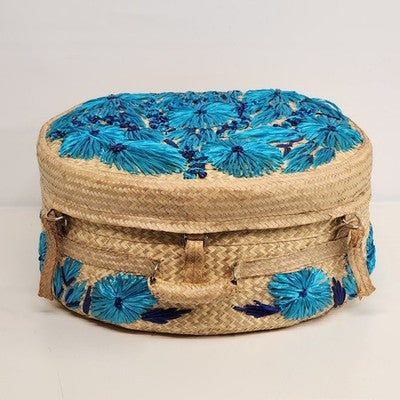 Woven Raffia Hat Box Suitcase Train case Blue Floral Travel 16" Boho Vintage