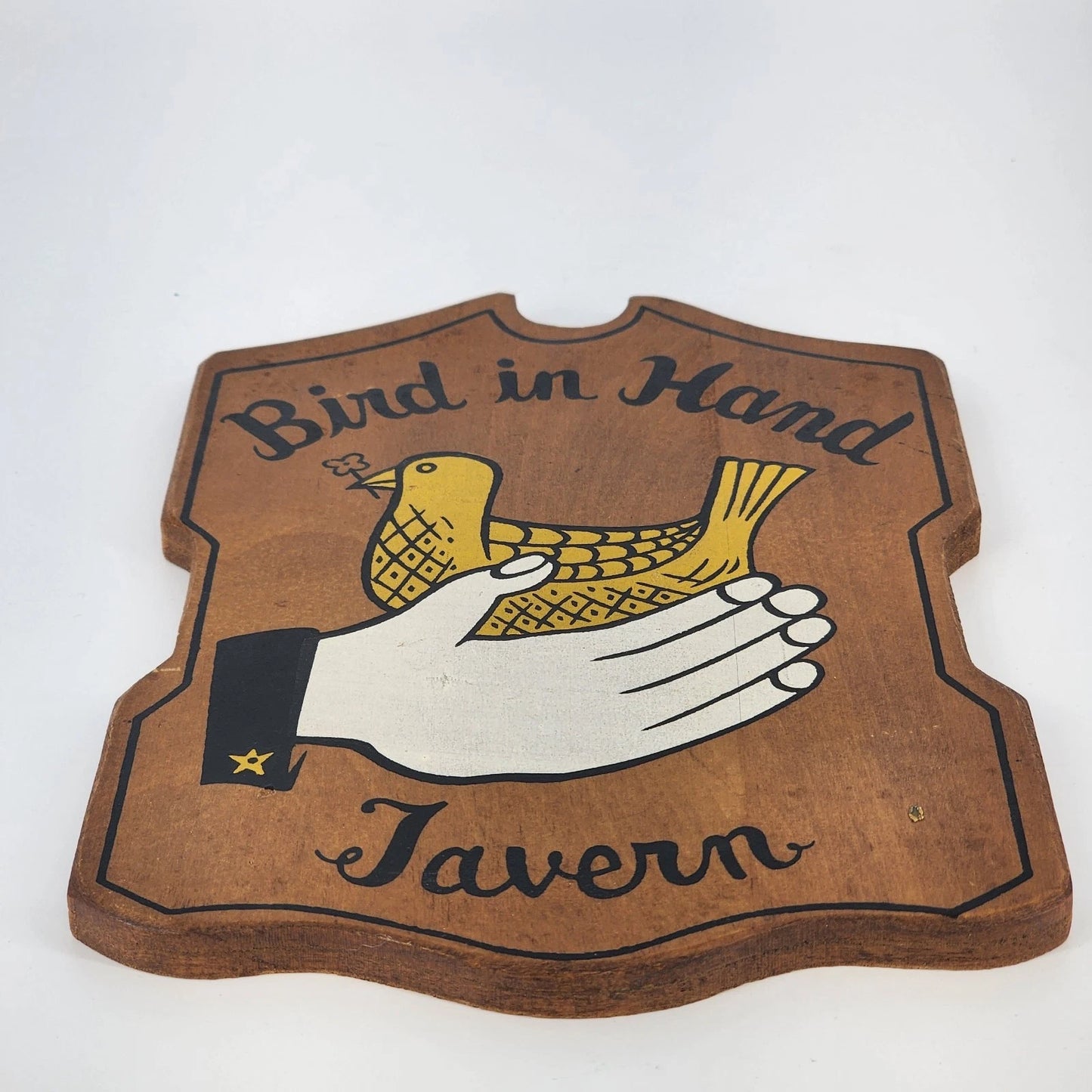 1960s Bird in Hand Tavern Wall Plaque Wood Bar Sign Made in Japan 6"x9"