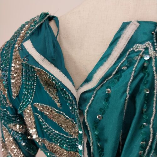 Carina Silk Sequined Top Teal Evening Dress Size L Zipper Hook/Loop Back AS IS