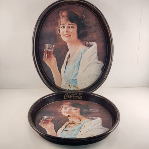 2 Coca Cola Oval Tin Trays 1973 Reproduction of 1923 Flapper Girl Ad Vintage