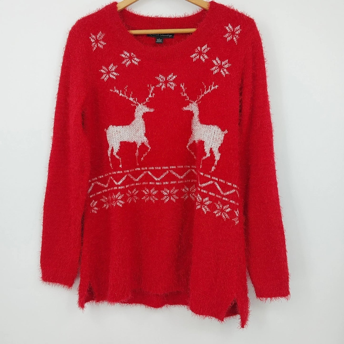 French Laundry Christmas Sweater Large Red Silver Fuzzy Deer Snowflake Slits Vtg