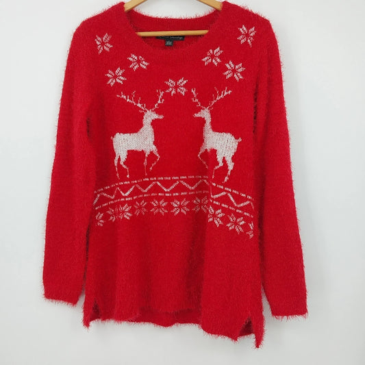 French Laundry Christmas Sweater Large Red Silver Fuzzy Deer Snowflake Slits Vtg