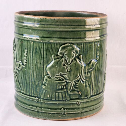 Embossed Pirate Green Majolica Tobacco Cigar Humidor Jar Crock No Lid 6" x 6.25"