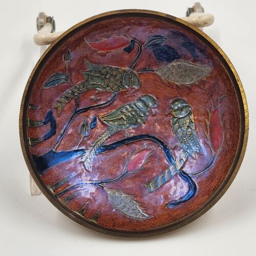 Small Solid Brass Enamel Bowl 3 Parrots and Floral Image 4" Across x 1.25" High