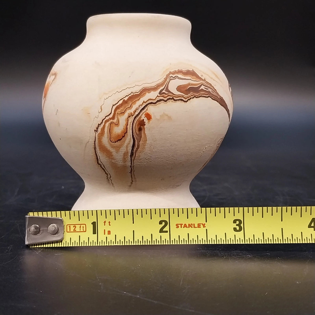 Nemadji Pottery Pedestal Vase Marbled Clay Brown Mauve Swirl 3.25" Vintage USA