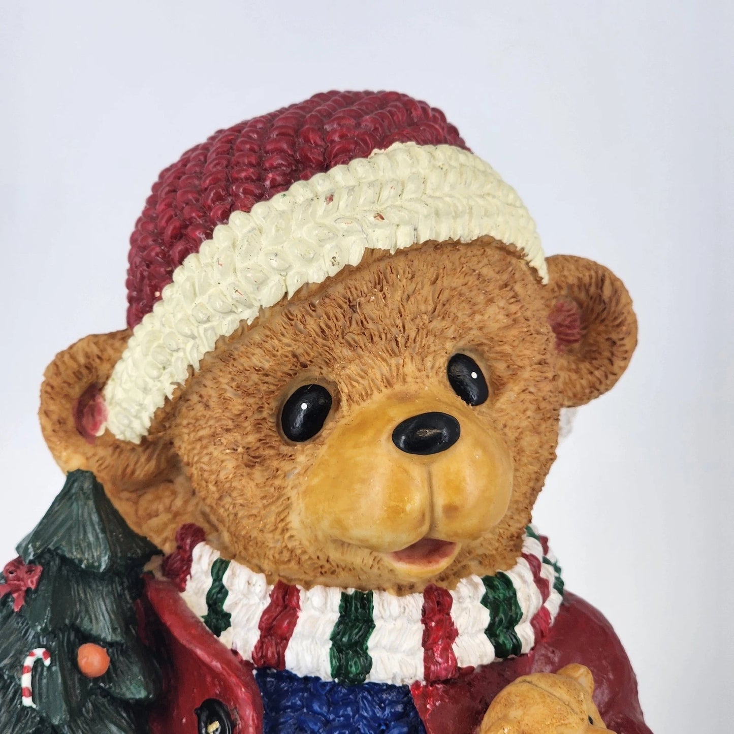 Resin Christmas Teddy Bear Figurine Red Coat Puppy & Tree 11" Holiday Ornament