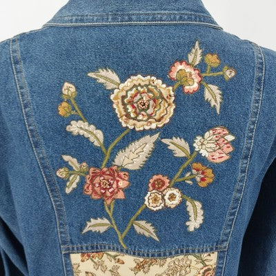 Country Door Blue Denim Jacket XL Floral Embroidery Wood Button Front Women's