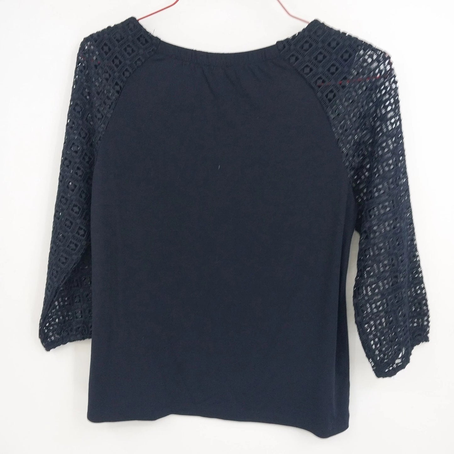 Talbots Petite Navy Blue Lace Sleeve Blouse Women MP 3/4 Sleeve Crochet Knit Top