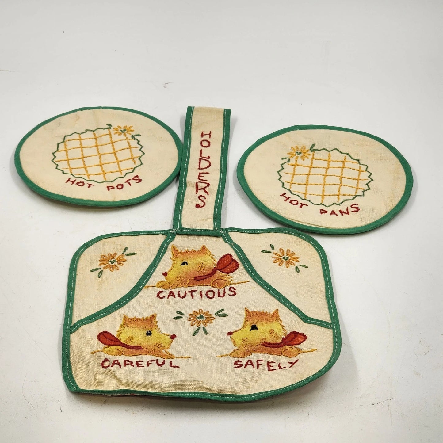 3 Pot Holder Set 1 Sq 2 Round Strap Yellow & Green Embroidery Be Safe Puppy Vtg