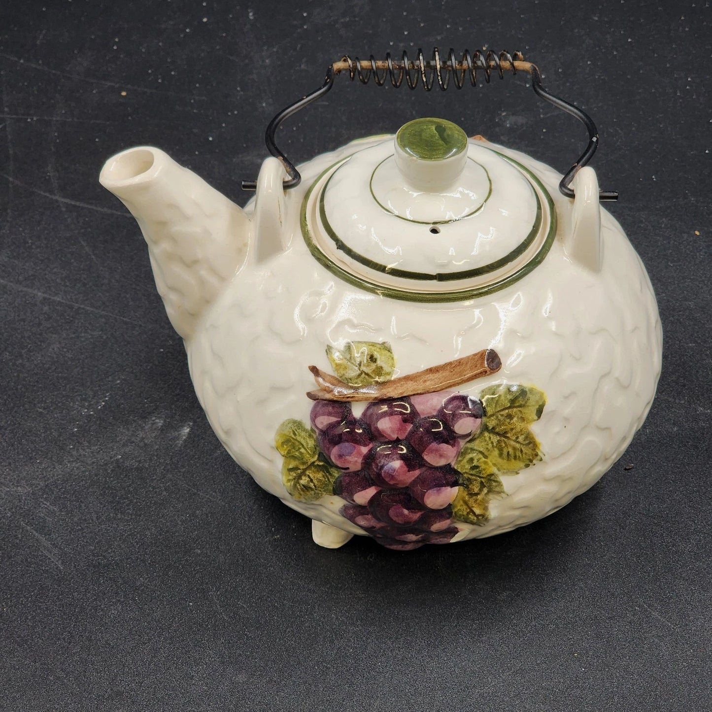 Embassy White Ceramic Teapot 36 Oz Footed with Grapevine Metal Handle 1963 Vtg