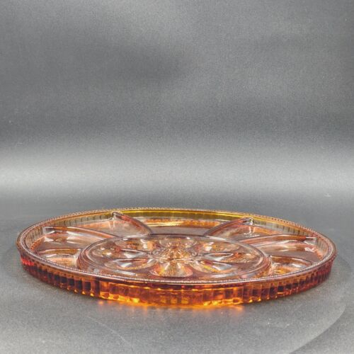 Indiana Glass Tree of Life Amber Glass Deviled Egg Relish Platter 13”d Vintage