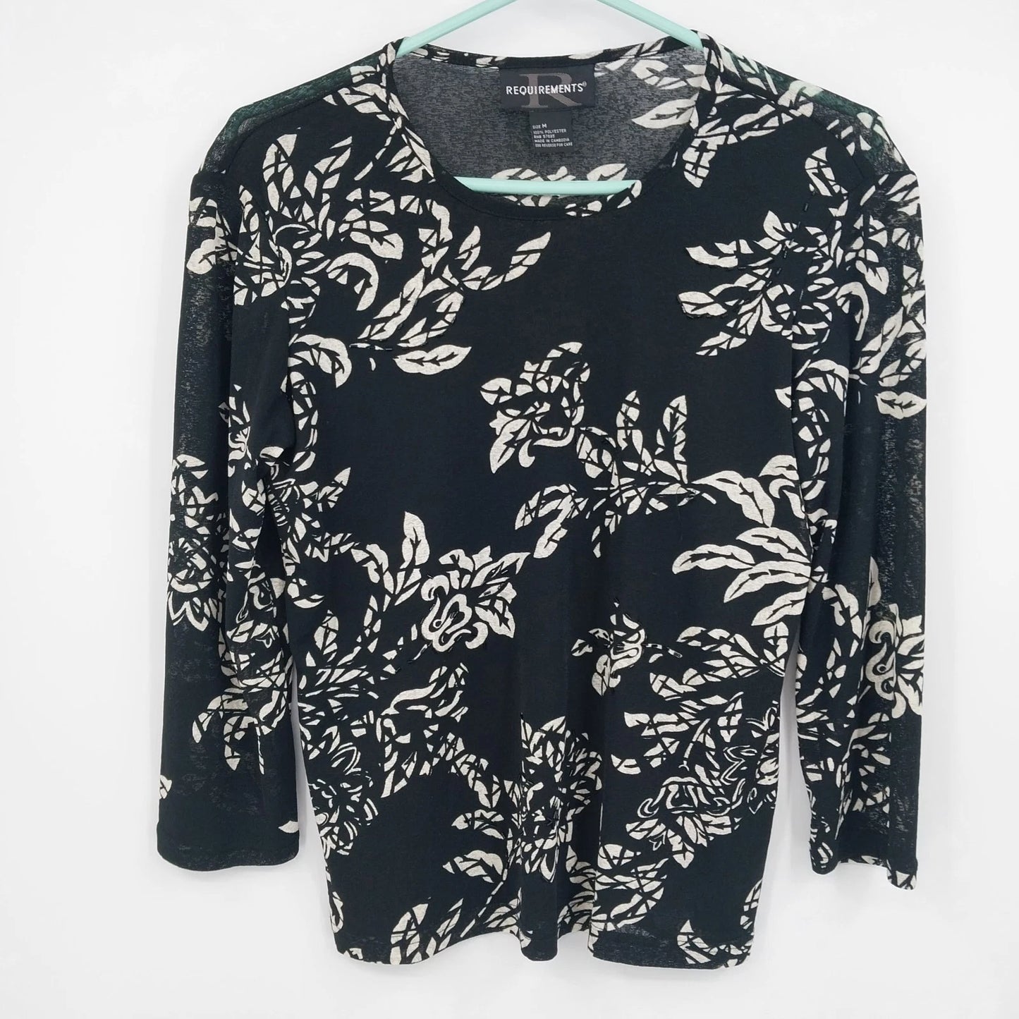 Requirements Women's Floral Stretch Long Sleeve Top Black White Size M Casual