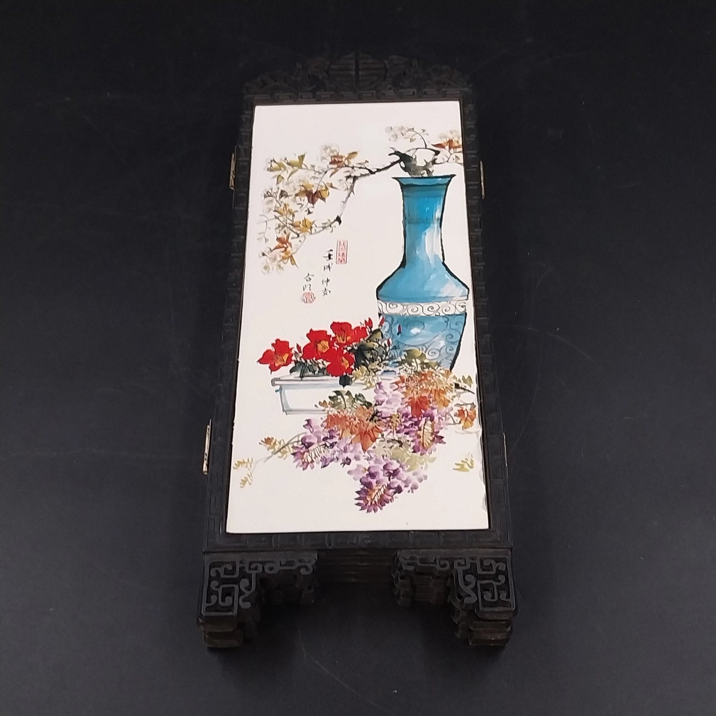Chinese Mini Folding Tabletop Screen 4 Panel Double Sided Geisha Asian Decor Vtg