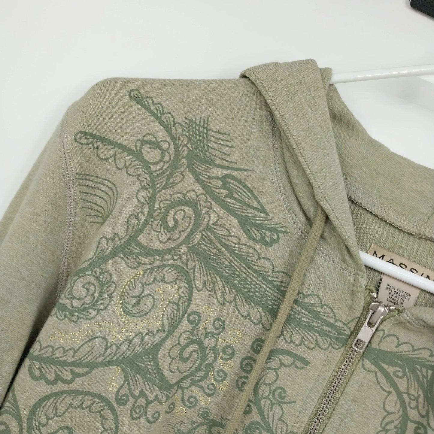 Massini Women's Zip Up Hoodie Size XL Floral Paisley Army Green Cotton Blend Y2K