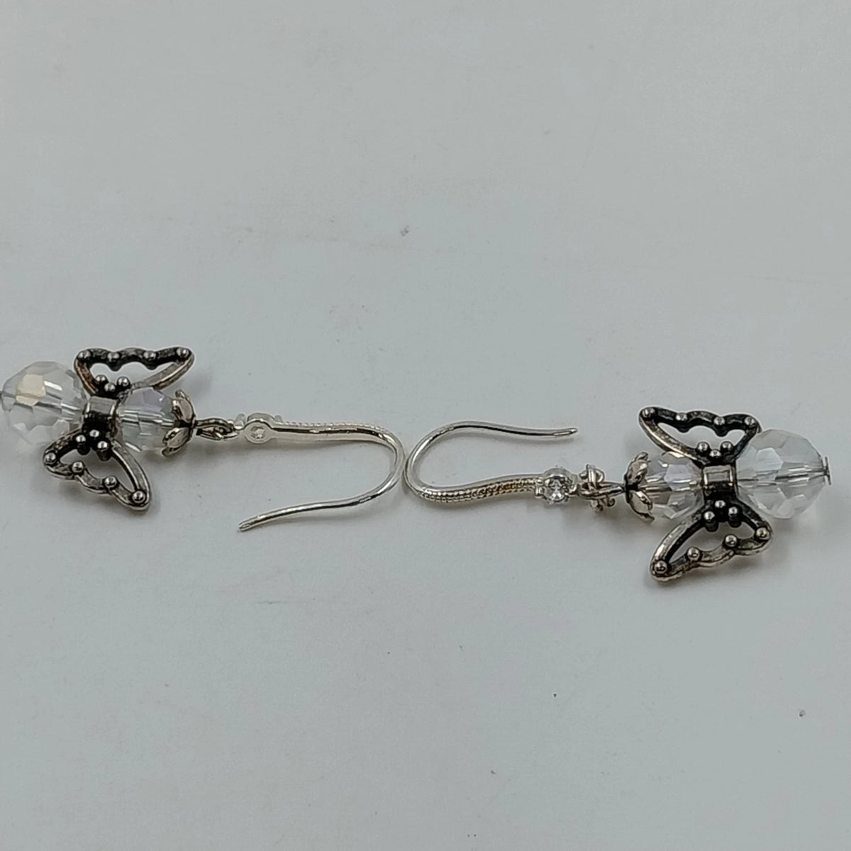 Silver Tone Angel Wing Dangle Earrings Clear Faceted Beads French Hook Jewelry