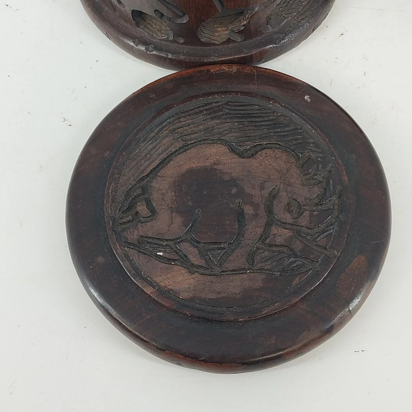 Hand Carved Wood Elephant Coaster Storage & Lid Set African Safari Barware Vtg