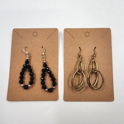 Set of 2 Gold Tone Oval Loops & Silver Tone w/ Black Beaded Drop Dangle Earrings