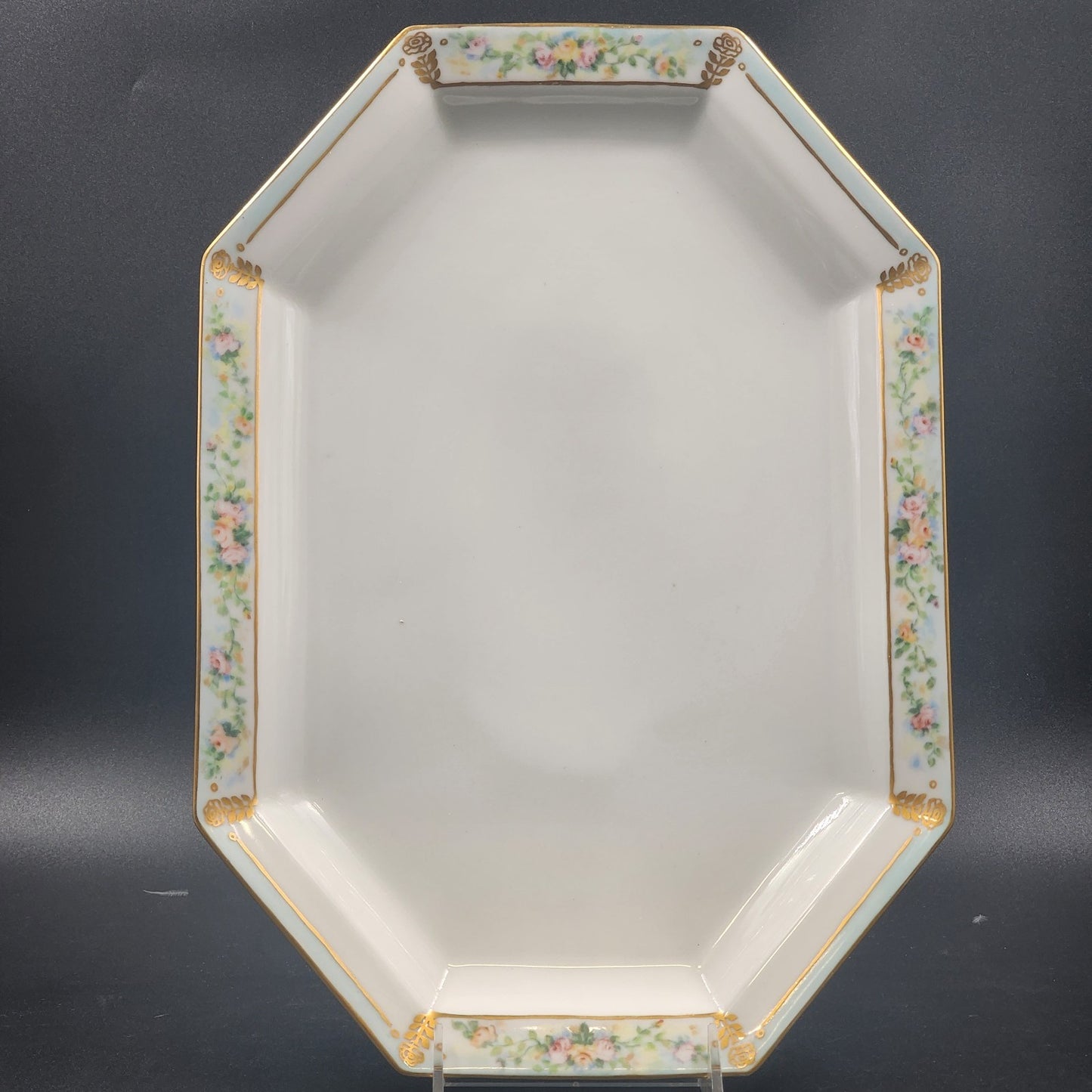 Tirschenreuth Bavaria Octagon Serve Platter Blue Border Enamel Flowers Gold Trim