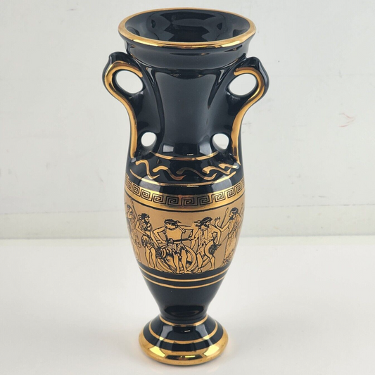 Greek Vase Black 24K Gold Vintage Handmade Mythology Images Marking 6.5" Greece