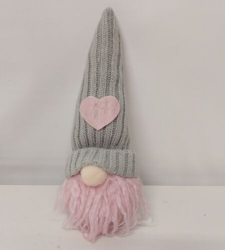 Pink Plush Valentines Day Faceless Gnome with Grey Hat Pink Hearts Yarn Beard